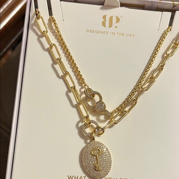 Bomb Party Jewelry - Set of 2 Gold Plated Cubic Zirconia Key Pendant Necklace